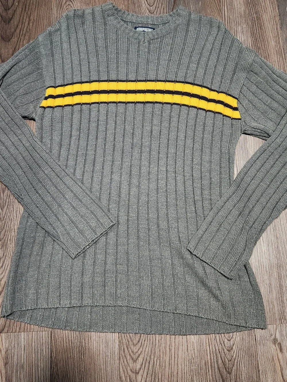 Aeropostale Gray Ribbed Crewneck Sweater with Yellow Chest Stripe